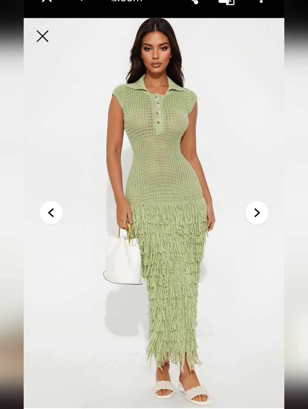 Sleeveless Collared Fringe Knit Midi Dress in Sage Green (Necklace Not Included)